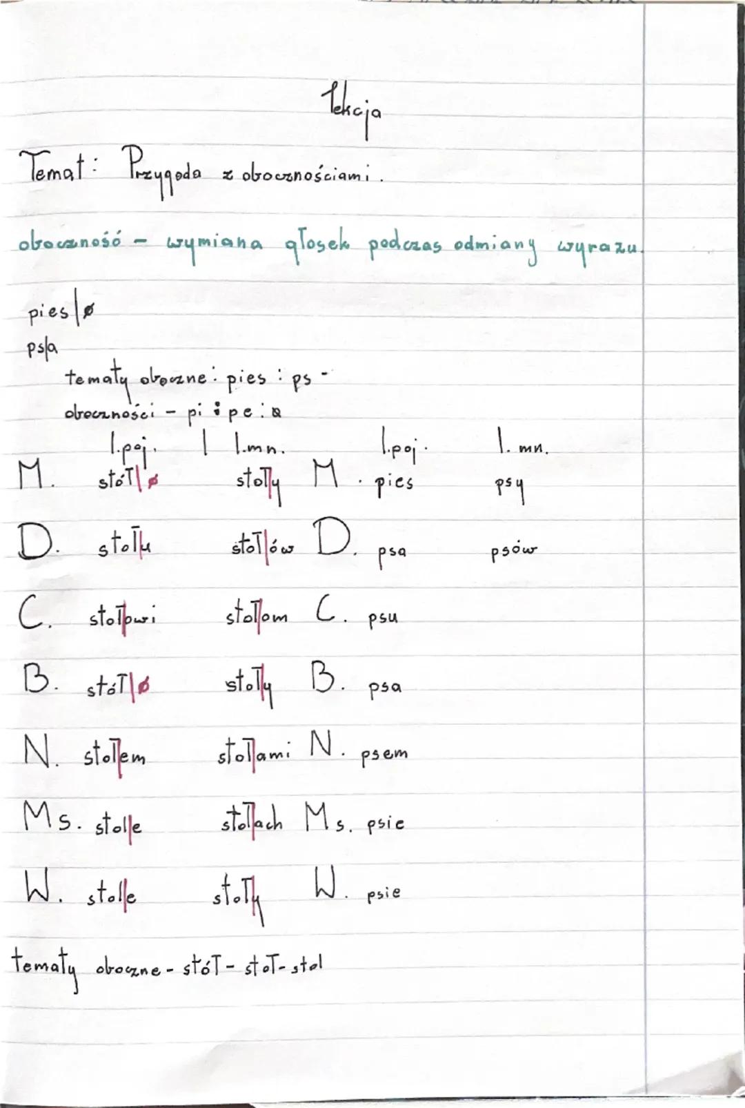 Pokaja
Temat: Przygoda
zobocznościami.
oboczność - wymiana głosek podczas odmiany wyrazu.
pies
ps/a
tematy oborzne: pies: ps -
obroczności p