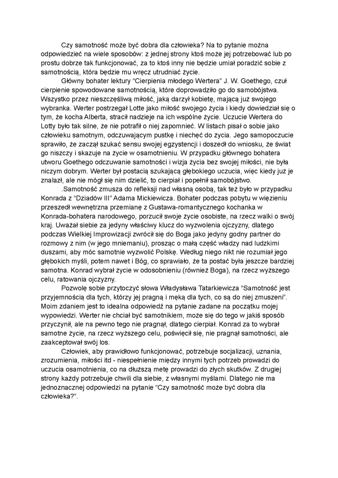 Rozprawka: Czy samotność może pozytywnie wpłynąć na życie człowieka? - Motyw w "Cierpieniach młodego Wertera"