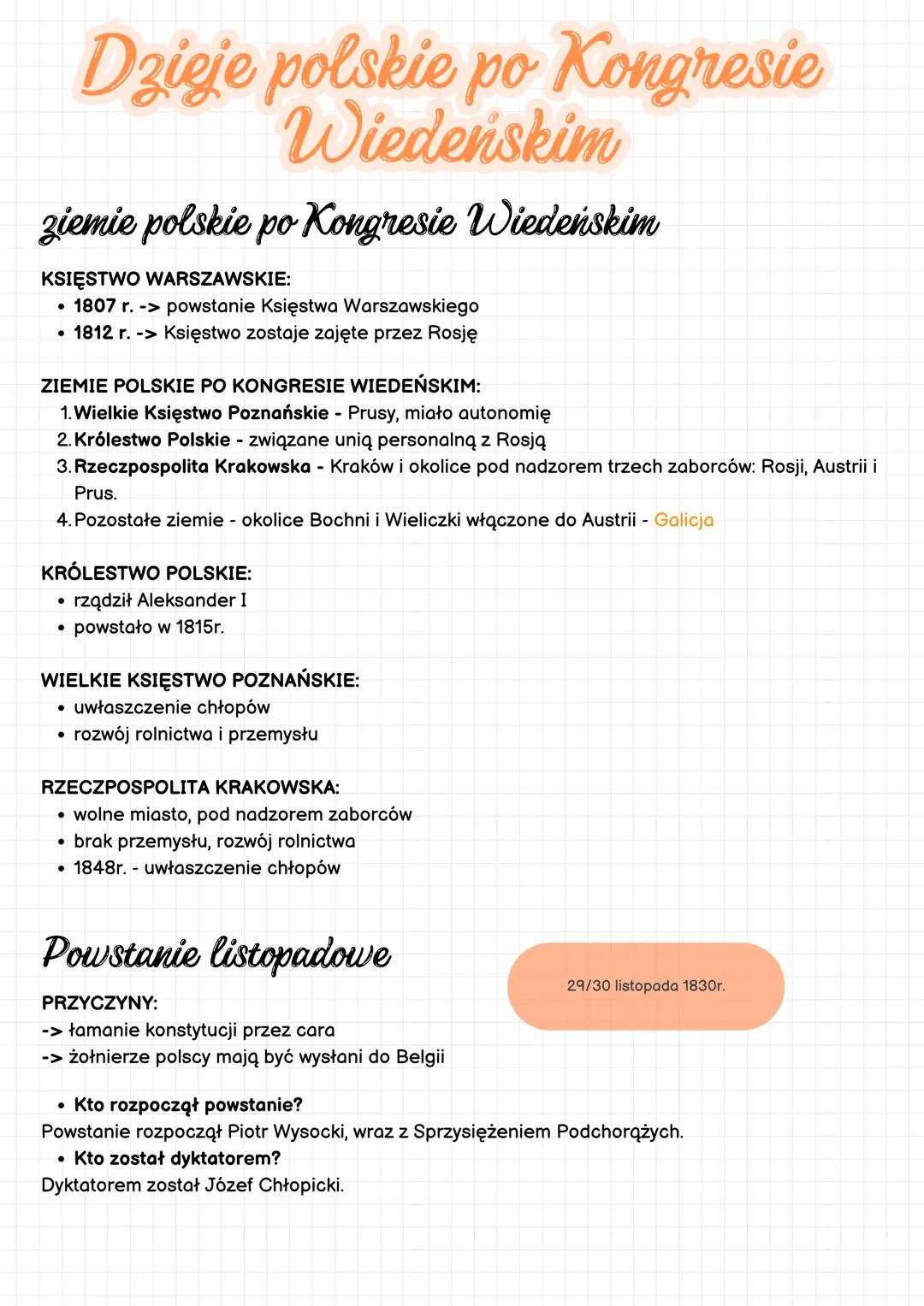 Dzieje polskie po Kongresie
Wiedeńskim
ziemie polskie po Kongresie Wiedeńskim
KSIĘSTWO WARSZAWSKIE:
•
1807 r. -> powstanie Księstwa Warszaws