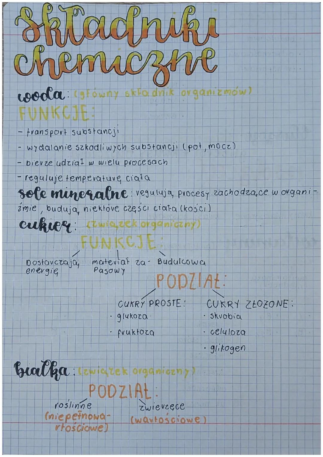 shladnik
chemiczne
woda: (glowny składnik organizmów)
FUNKCJE:
- transport substancji
wydalanie szkodliwych substancji (pot, mocz)
bierze ud