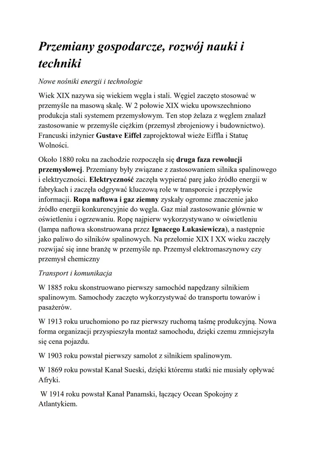 Przemiany gospodarcze, rozwój nauki i
techniki
Nowe nośniki energii i technologie
Wiek XIX nazywa się wiekiem węgla i stali. Węgiel zaczęto 