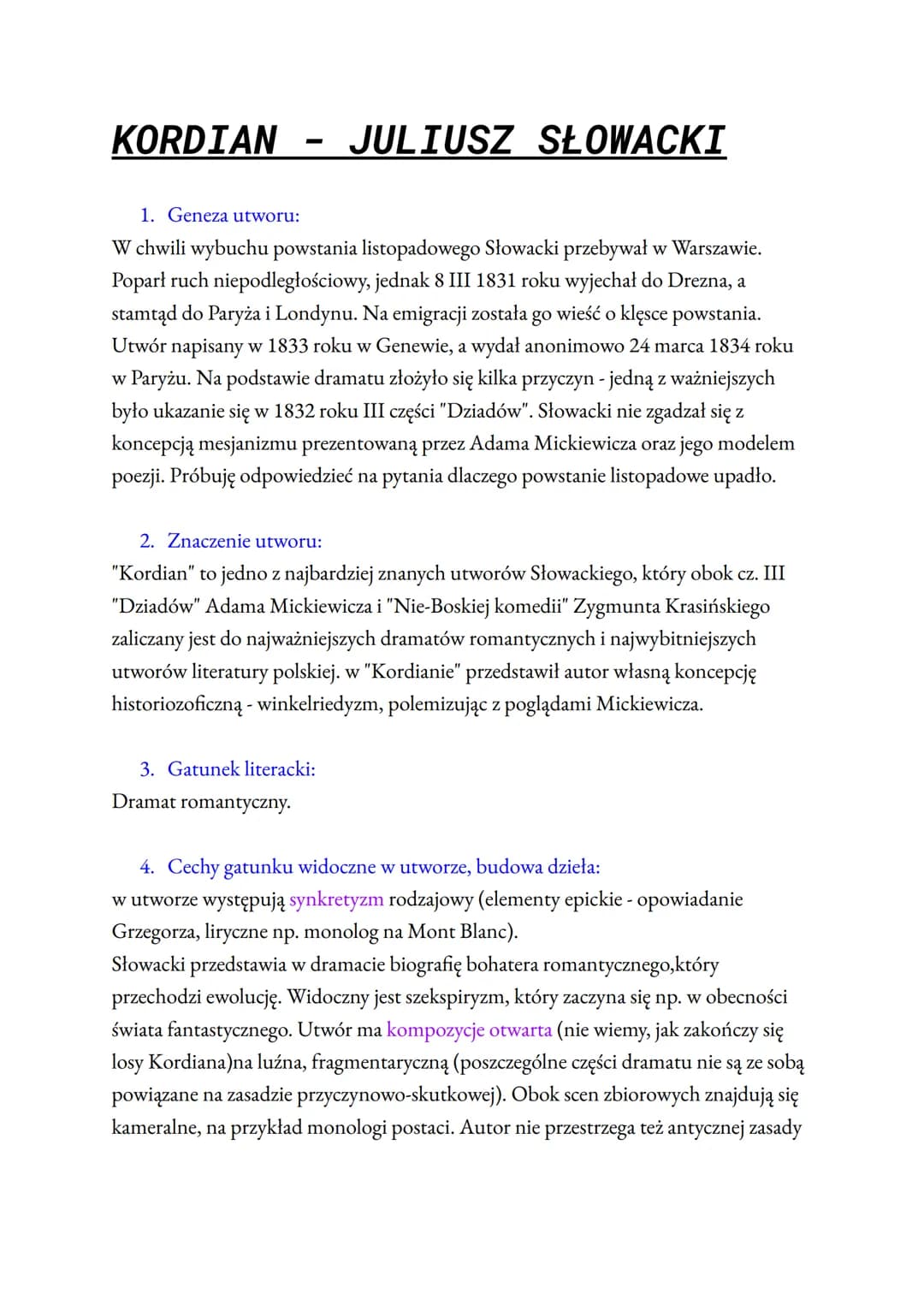 KORDIAN
1. Geneza utworu:
W chwili wybuchu powstania listopadowego Słowacki przebywał w Warszawie.
Poparł ruch niepodległościowy, jednak 8 I