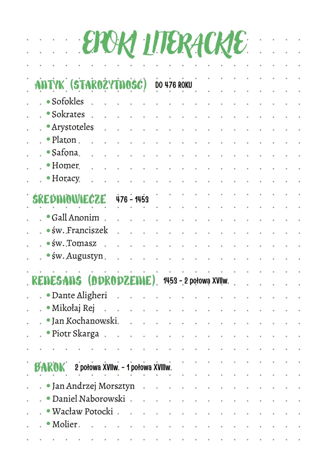 EPOKI LITERACKIE
ANTYK (STAROŻYTNOŚĆ) DO 476 ROKU
●
Sofokles
Sokrates
Arystoteles
• Platon.
Safona.
• Homer.
Horacy.
ŚREDNIOWIECZE 476-1453
