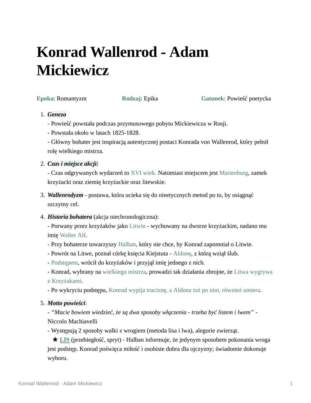 Konrad Wallenrod - Adam
Mickiewicz
Epoka: Romantyzm
Rodzaj: Epika
Gatunek: Powieść poetycka
1. Geneza
- Powieść powstała podczas przymusoweg
