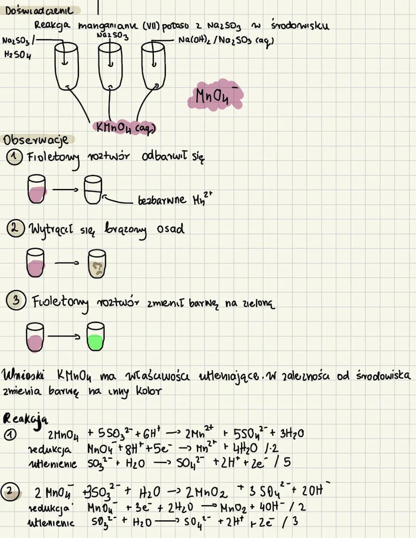 2-
SO₂² +OH
+
3 MnO4
геликаза мной те
utlenianie SO₂ + H₂O
2
50₂² + H₂O + 20H
Reakcje
Doświadczenie
MnSO4 (ag)
↓
barwa biała
P
Reakcja otrzy