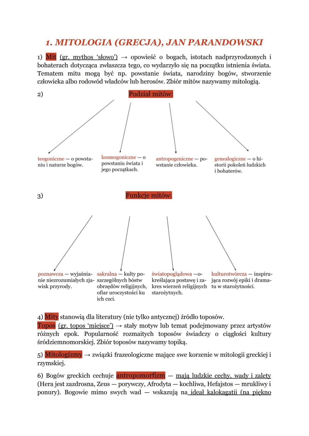 1. MITOLOGIA (GRECJA), JAN PARANDOWSKI
1) Mit (gr. mythos 'słowo') opowieść o bogach, istotach nadprzyrodzonych i
bohaterach dotycząca zwłas