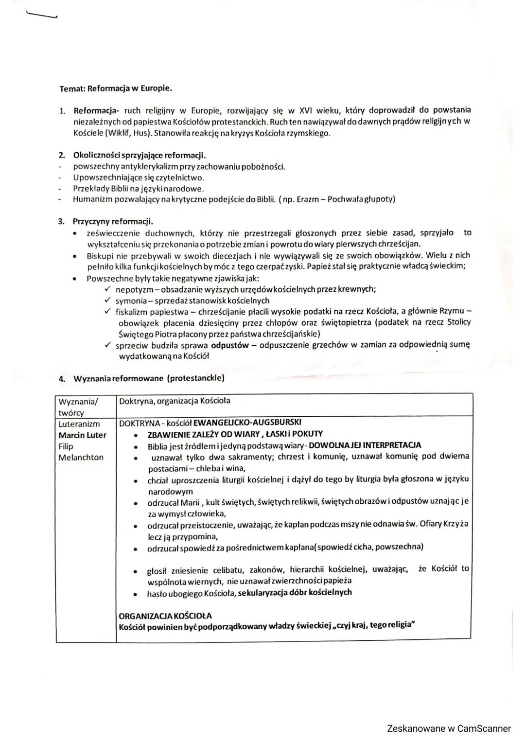 Temat: Reformacja w Europie.
1. Reformacja ruch religijny w Europie, rozwijający się w XVI wieku, który doprowadził do powstania
niezależnyc