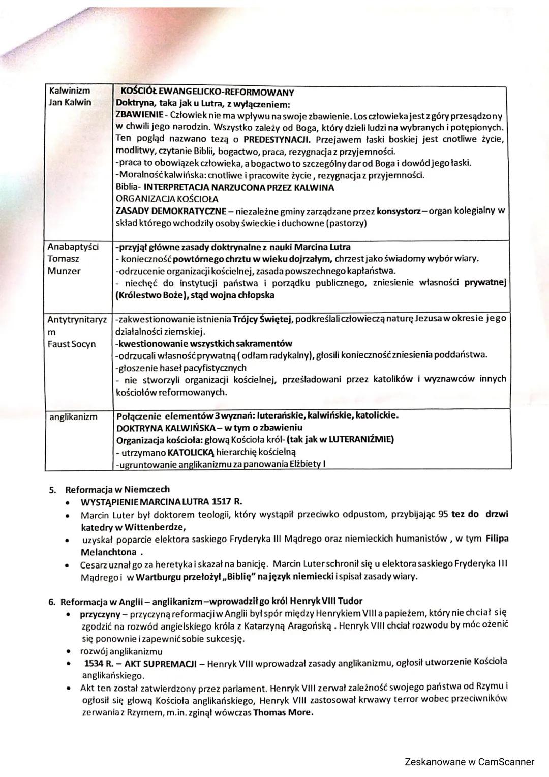 Temat: Reformacja w Europie.
1. Reformacja ruch religijny w Europie, rozwijający się w XVI wieku, który doprowadził do powstania
niezależnyc