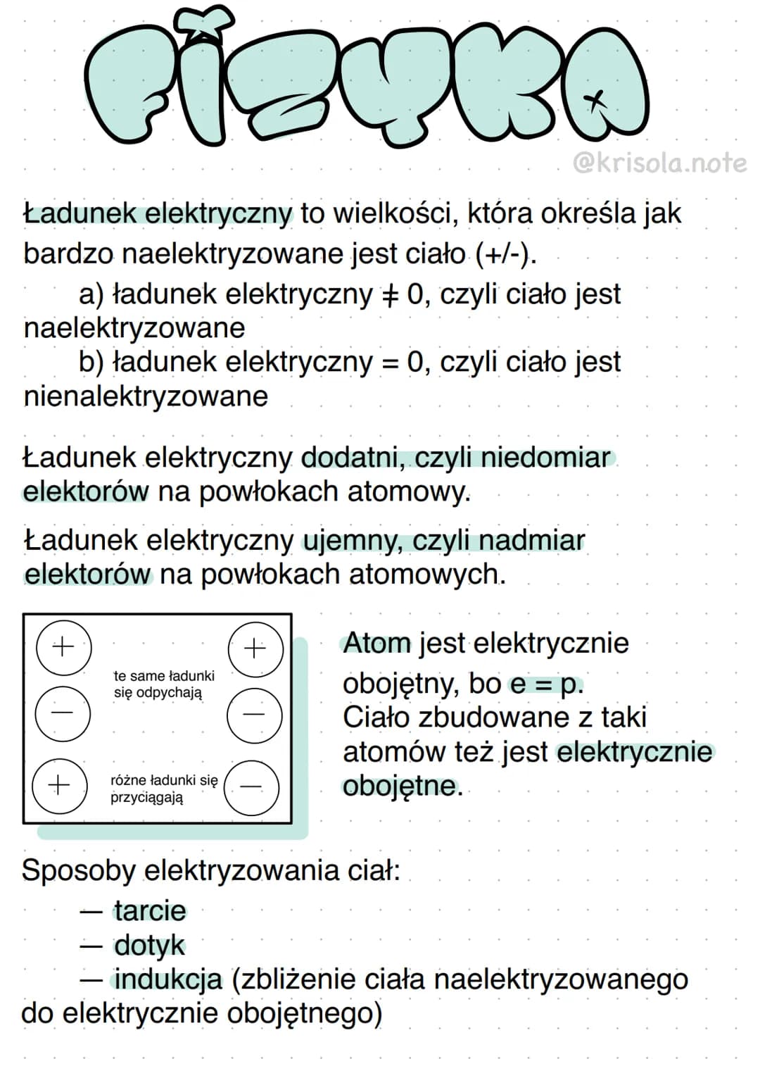fizyka
@krisola.note
Ładunek elektryczny to wielkości, która określa jak
bardzo naelektryzowane jest ciało (+/-).
a) ładunek elektryczny # 0
