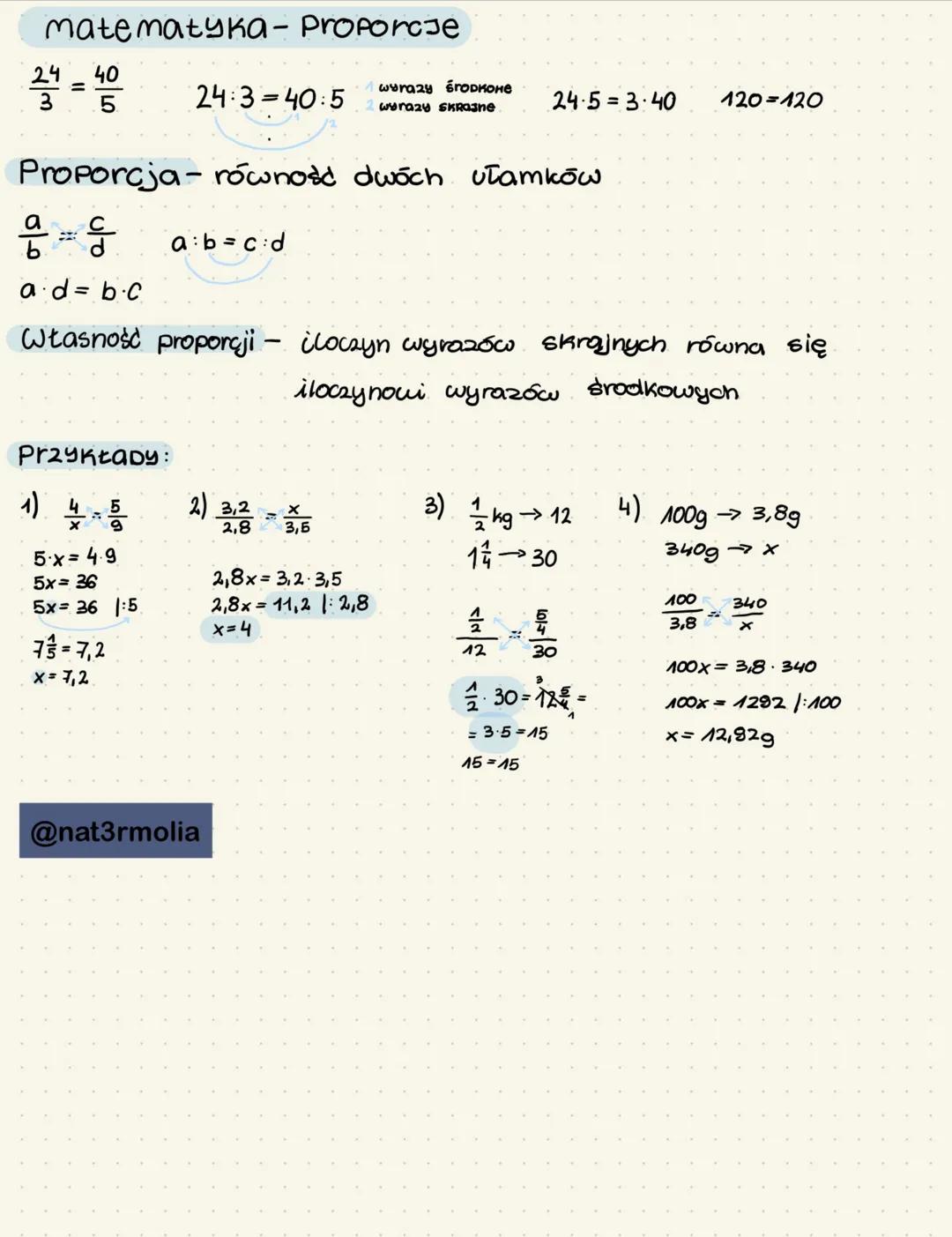 matematyka- Proporcje
24 =4008
Proporcja - równośd dwóch ułamków
음둥. a∙b=cd
a d= b.c
Przykłady:
X
Własność proporcji - iloczyn wyrazów skraj