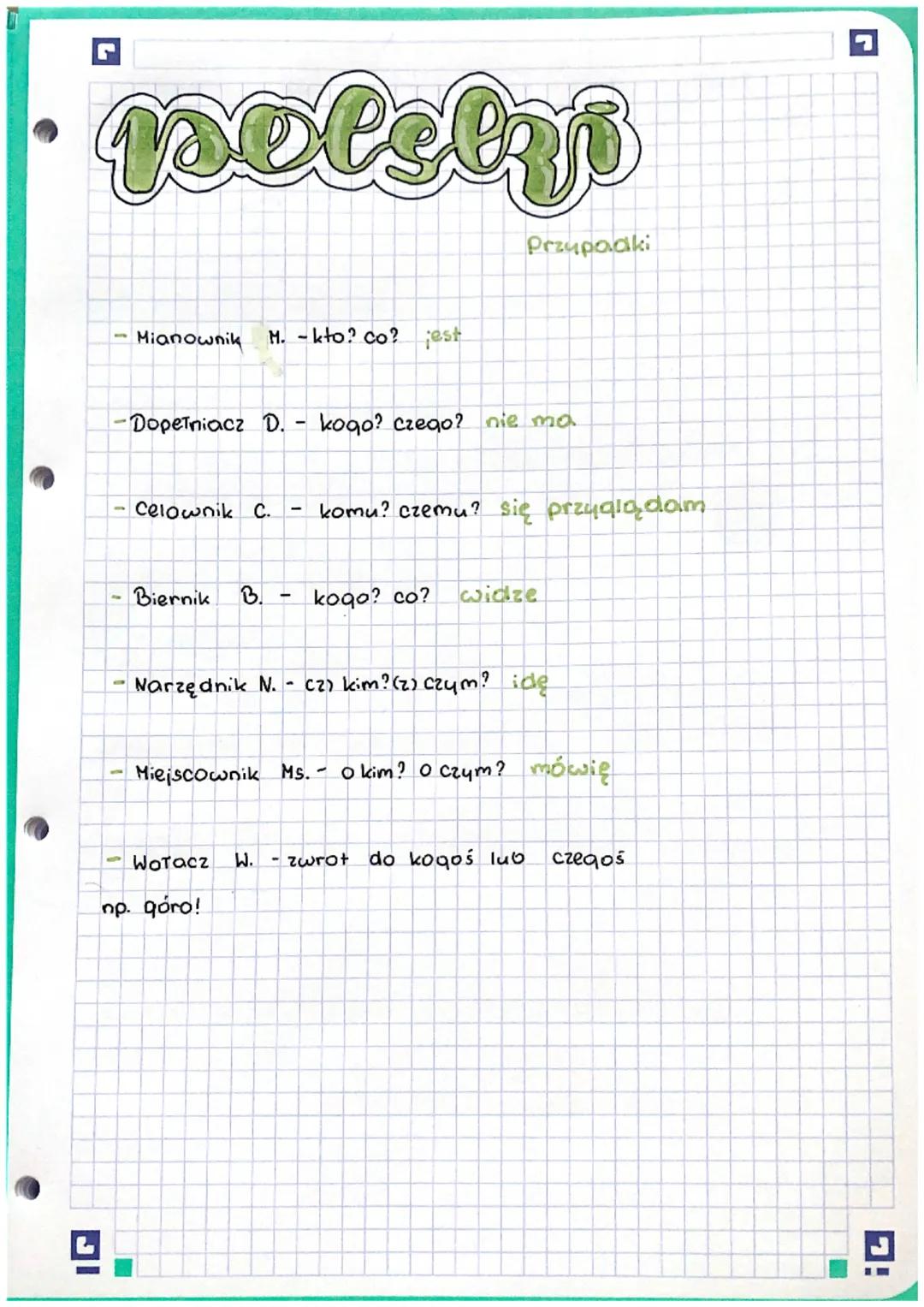 # polski

Przypadki

- Mianownik M.-kto? co? jest

- Dopełniacz D. kogo? czego? nie ma

- Celownik C. komu? czemu? się przyglądam

- Biernik
