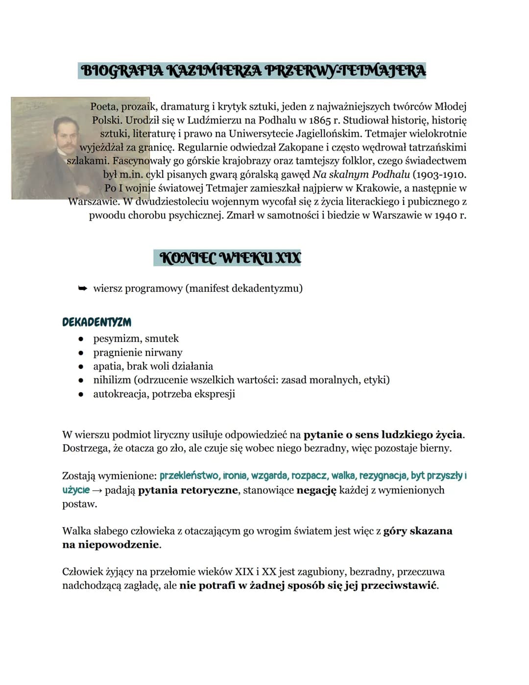 BIOGRAFIA KAZIMIERZA PRZERWY-TETMAJERA
Poeta, prozaik, dramaturg i krytyk sztuki, jeden z najważniejszych twórców Młodej
Polski. Urodził się