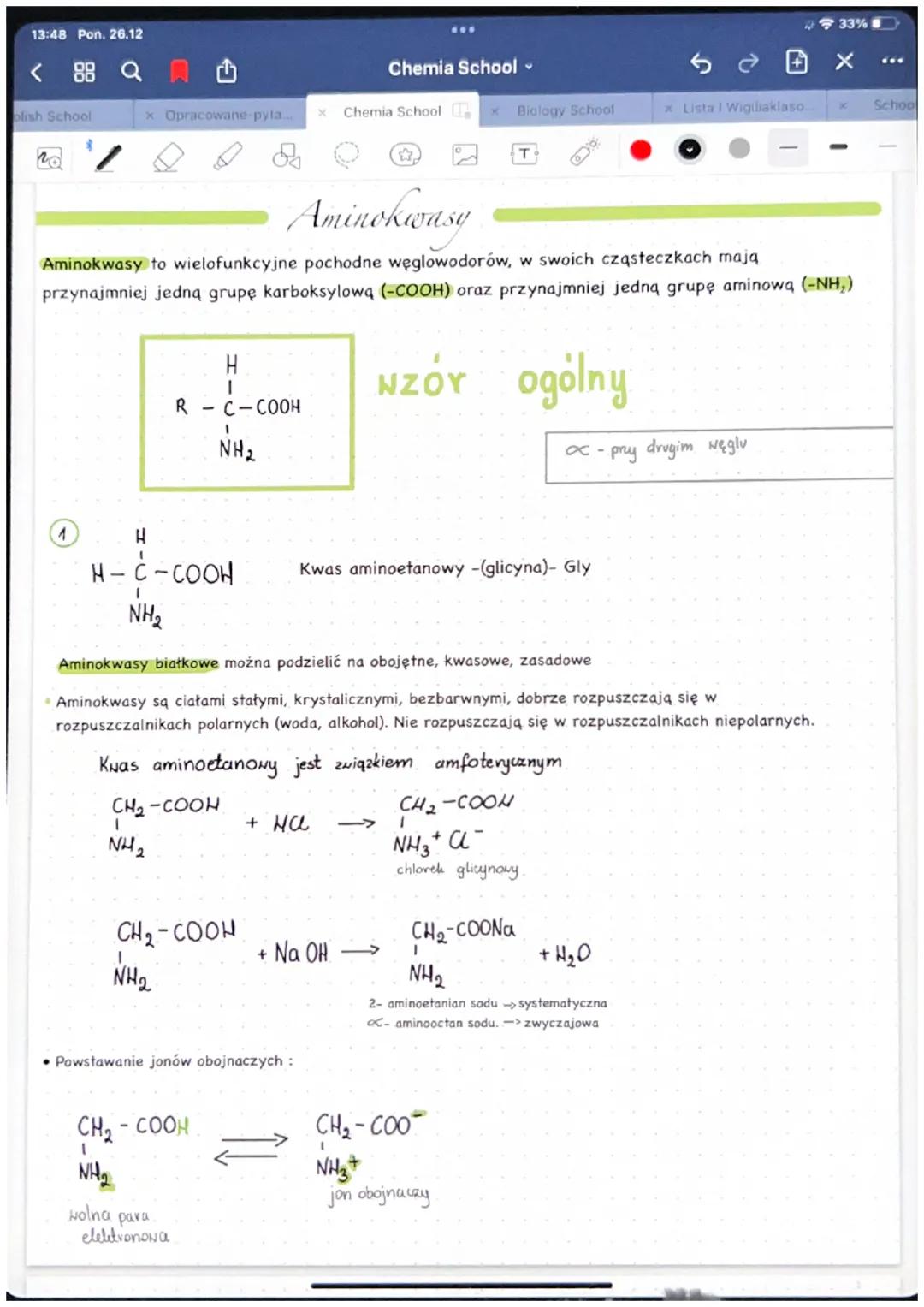 13:48 Pon. 26.12
< 88 Q
olish School
x Opracowane-pyla..
H
I
NH₂
H-C-COOH
Aminokwasy
Aminokwasy to wielofunkcyjne pochodne węglowodorów, w s