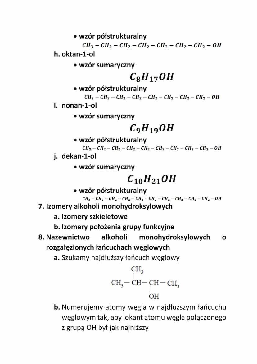 Alkohole monohydroksylowe
1. Co to są alkohole?
Alkohole to jednofunkcyjne pochodne węglowodorów,
które zawierają w cząsteczkach grupę hydro