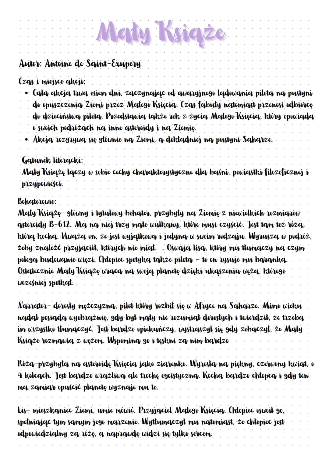Maty Książe
Autor: Antoine de Saint-Exupery
Czas i miejsce akcji:
Cała akcja trwa osiem dni, zaczynając od awaryjnego lądowania pilota na pu