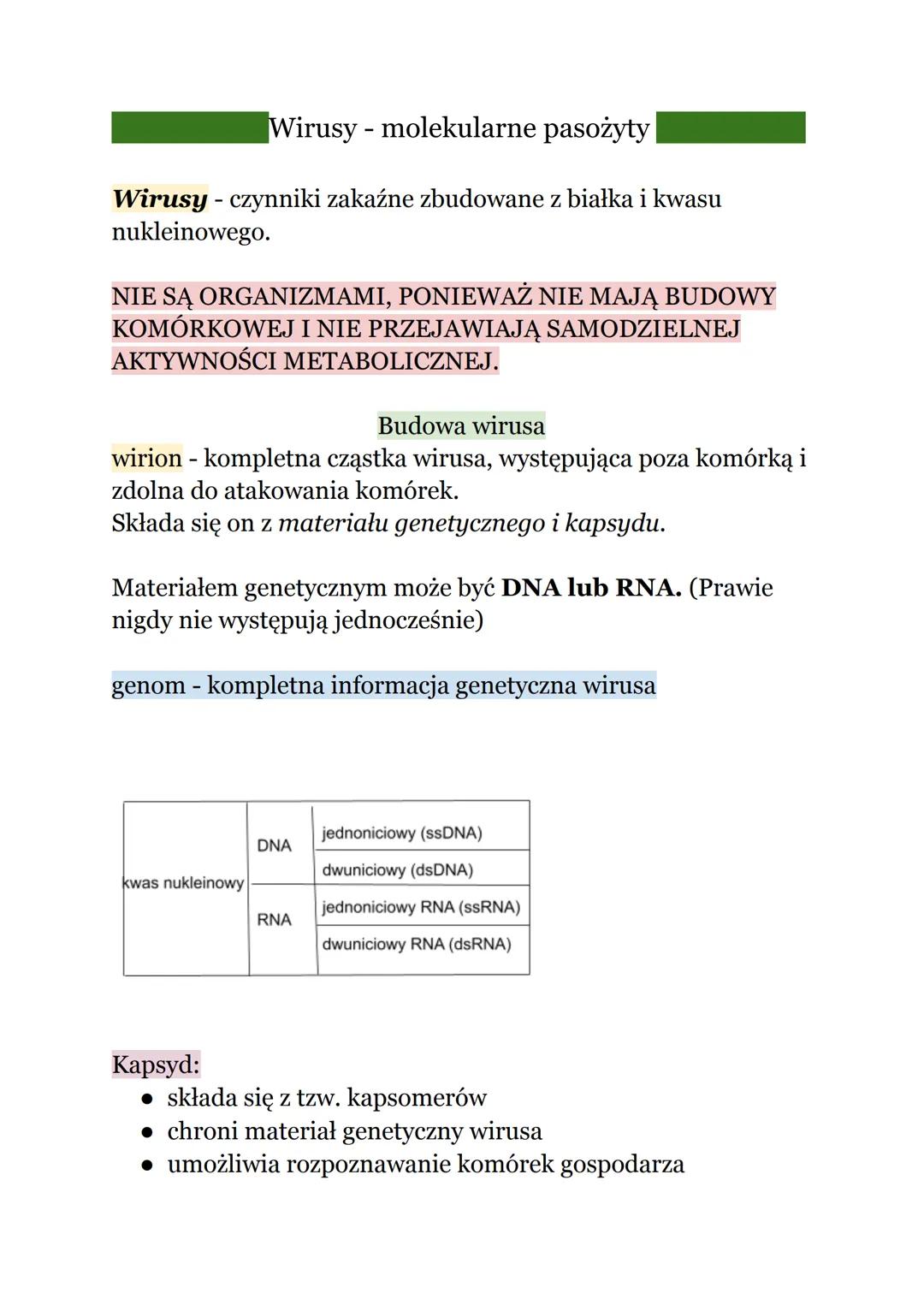Wirusy - molekularne pasożyty
Wirusy czynniki zakaźne zbudowane z białka i kwasu
nukleinowego.
NIE SĄ ORGANIZMAMI, PONIEWAŻ NIE MAJĄ BUDOWY
