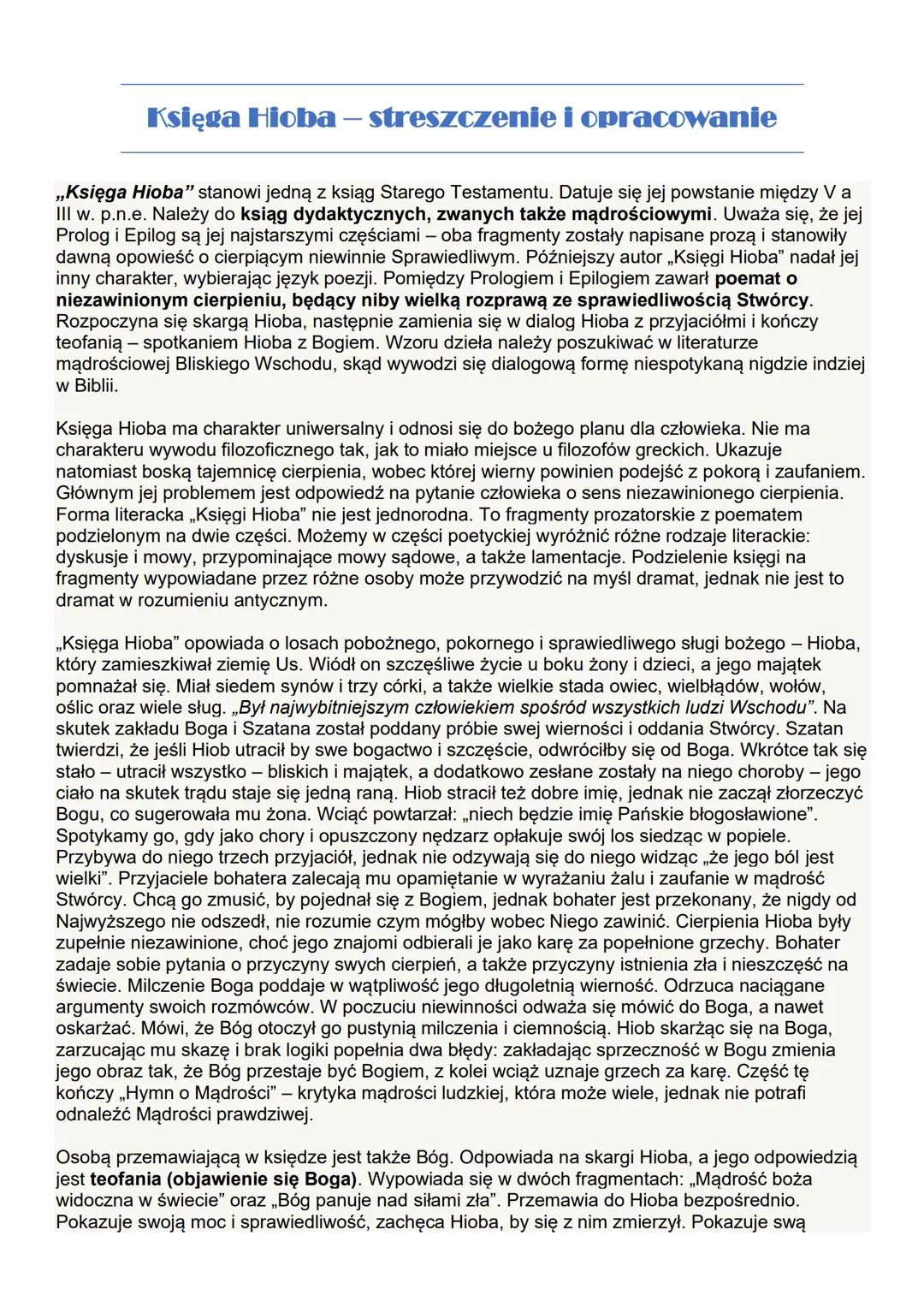 Księga Hioba – streszczenie i opracowanie
„Księga Hioba" stanowi jedną z ksiąg Starego Testamentu. Datuje się jej powstanie między V a
III w