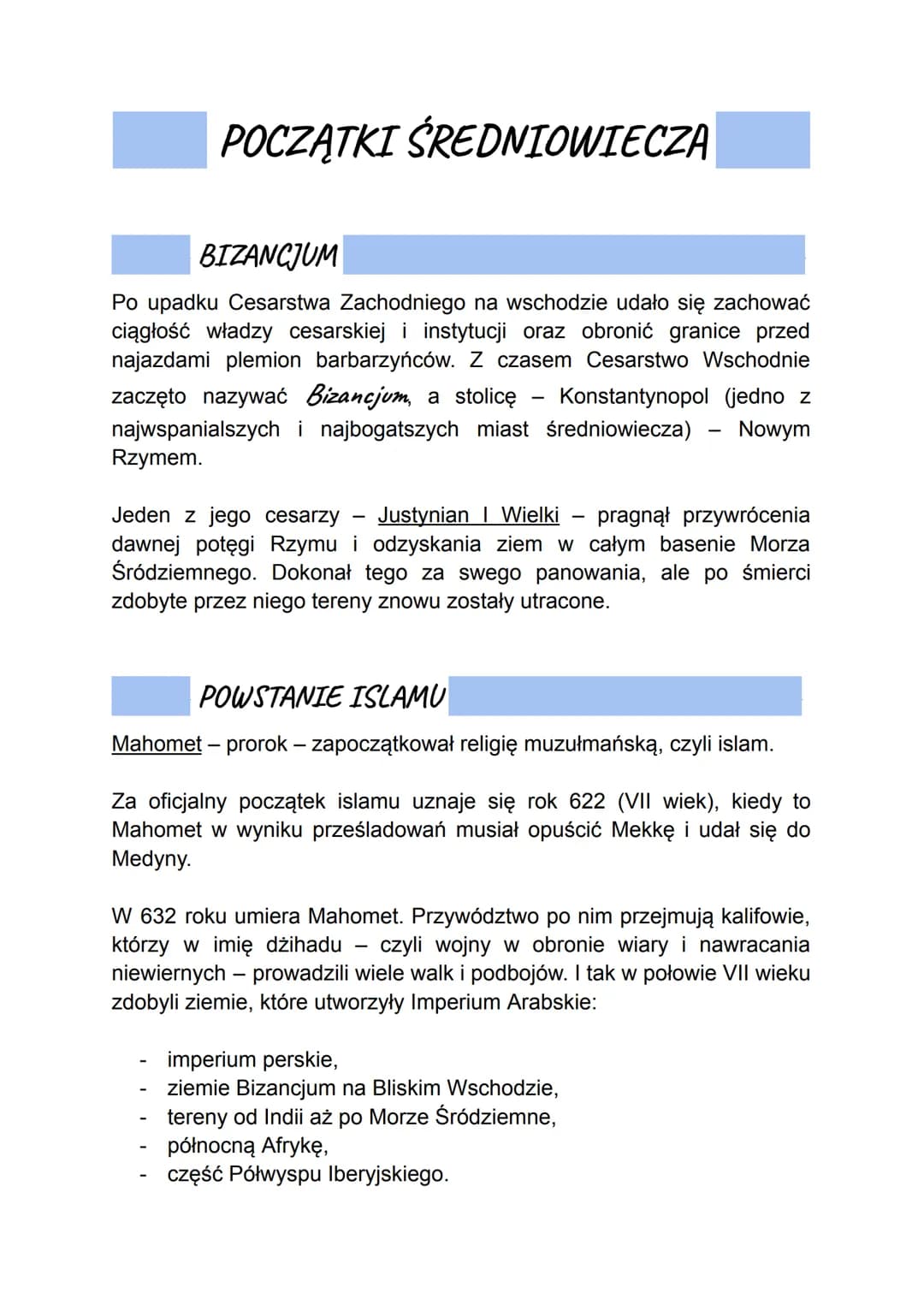 POCZĄTKI ŚREDNIOWIECZA
BIZANCJUM
Po upadku Cesarstwa Zachodniego na wschodzie udało się zachować
ciągłość władzy cesarskiej i instytucji ora