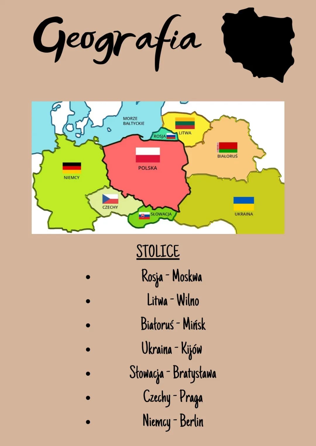 Geografia
NIEMCY
CZECHY
MORZE
BAŁTYCKIE
ROSJA
POLSKA
SŁOWACJA
LITWA
STOLICE
Rosja - Moskwa
Litwa - Wilno
BIAŁORUŚ
Białoruś - Mińsk
Ukraina -