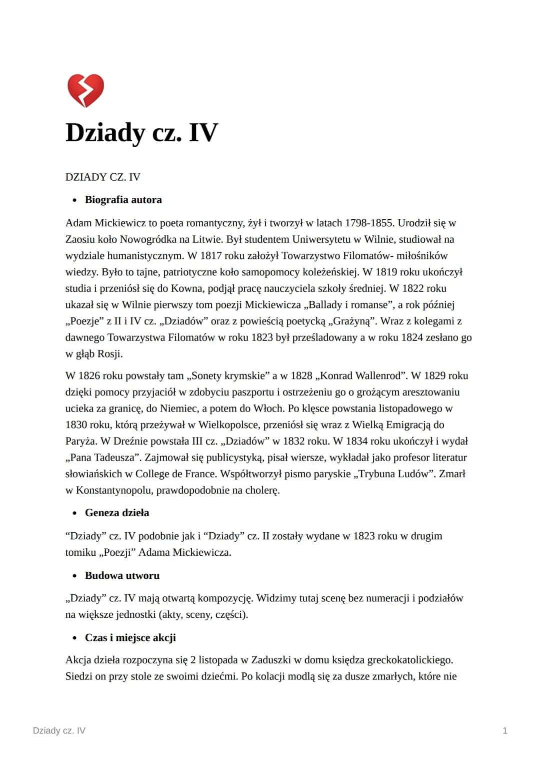 Dziady cz. IV
DZIADY CZ. IV
• Biografia autora
Adam Mickiewicz to poeta romantyczny, żył i tworzył w latach 1798-1855. Urodził się w
Zaosiu 