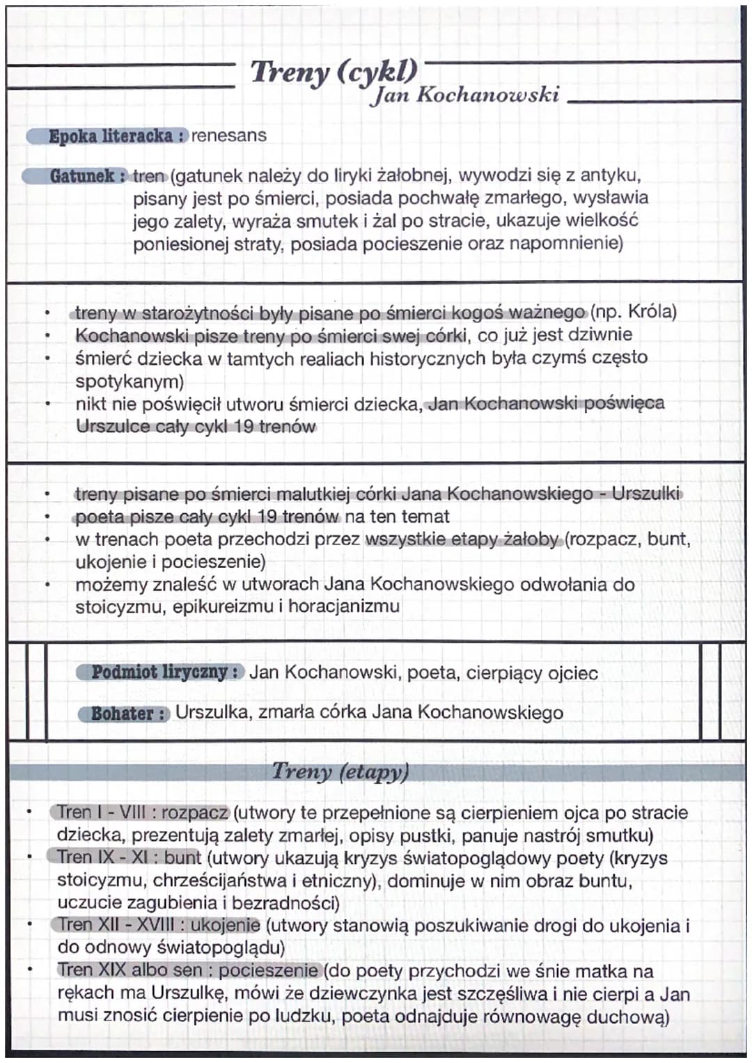 Treny (cykl)
Epoka literacka: renesans
Jan Kochanowski
"
Gatunek: tren (gatunek należy do liryki żałobnej, wywodzi się z antyku,
pisany jest