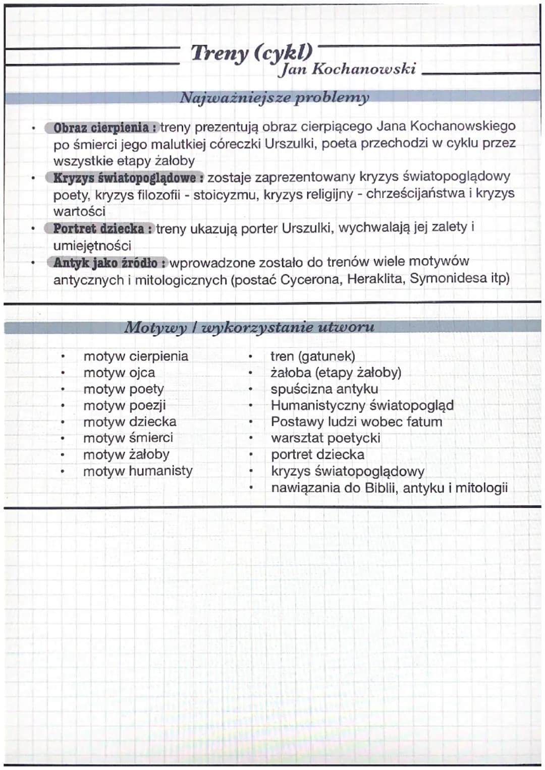 Treny (cykl)
Epoka literacka: renesans
Jan Kochanowski
"
Gatunek: tren (gatunek należy do liryki żałobnej, wywodzi się z antyku,
pisany jest