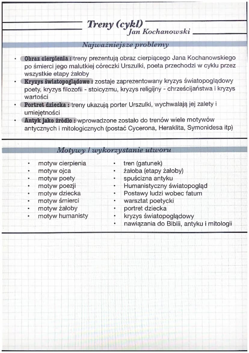 Treny (cykl)
Epoka literacka: renesans
Jan Kochanowski
"
Gatunek: tren (gatunek należy do liryki żałobnej, wywodzi się z antyku,
pisany jest