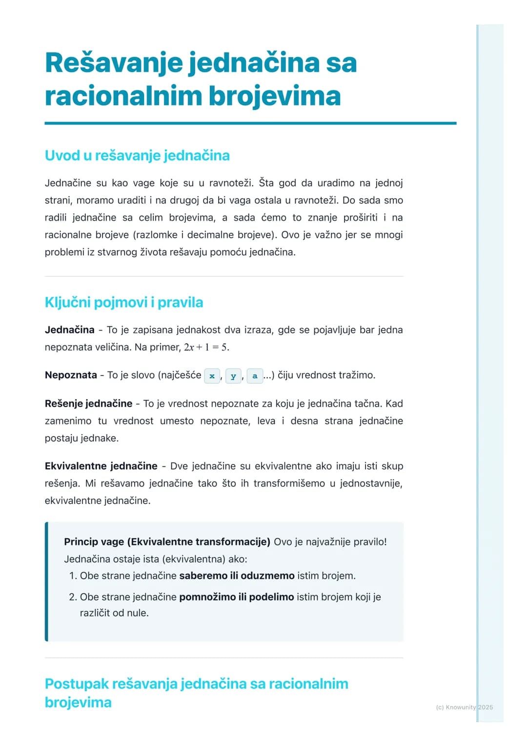 # Rešavanje jednačina sa
racionalnim brojevima

Uvod u rešavanje jednačina

Jednačine su kao vage koje su u ravnoteži. Šta god da uradimo na