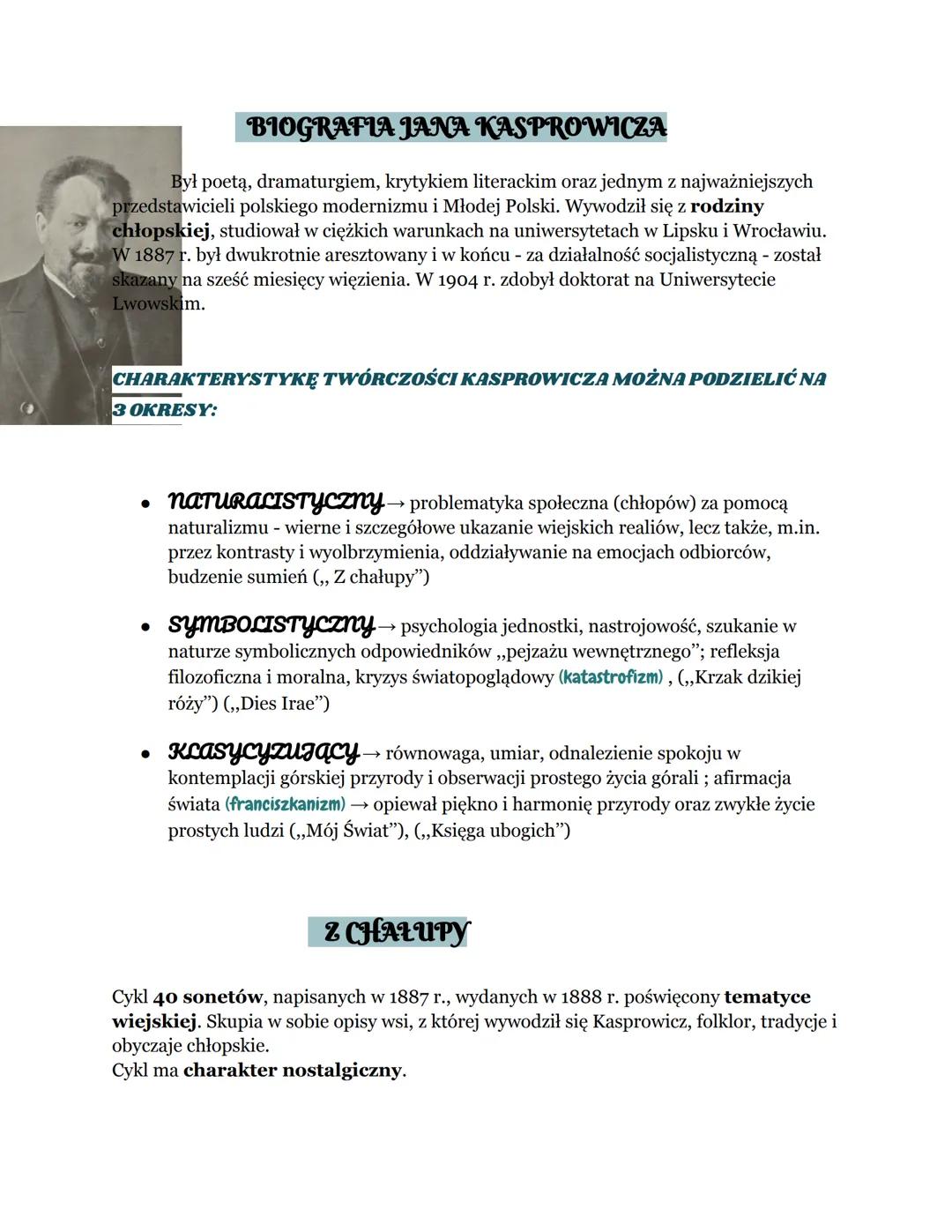 BIOGRAFIA JANA KASPROWICZA
Był poetą, dramaturgiem, krytykiem literackim oraz jednym z najważniejszych
przedstawicieli polskiego modernizmu 