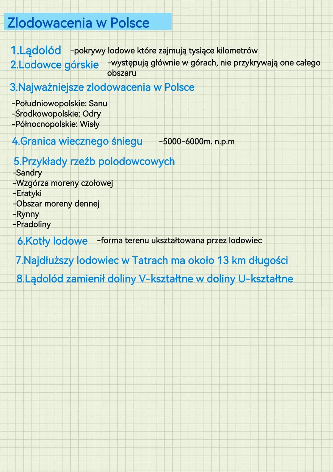 Zlodowacenia w Polsce
1.Lądolód -pokrywy lodowe które zajmują tysiące kilometrów
2.Lodowce górskie
występują głównie w górach, nie przykrywa