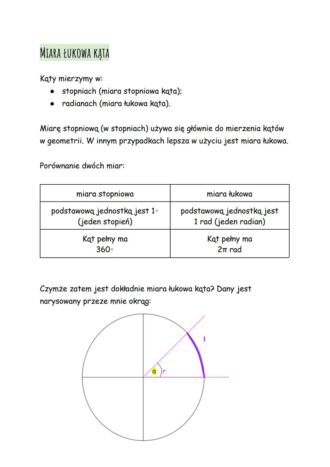 MIARA ŁUKOWA KĄTA
Kąty mierzymy w:
• stopniach (miara stopniowa kąta);
radianach (miara łukowa kąta).
Miarę stopniową (w stopniach) używa si