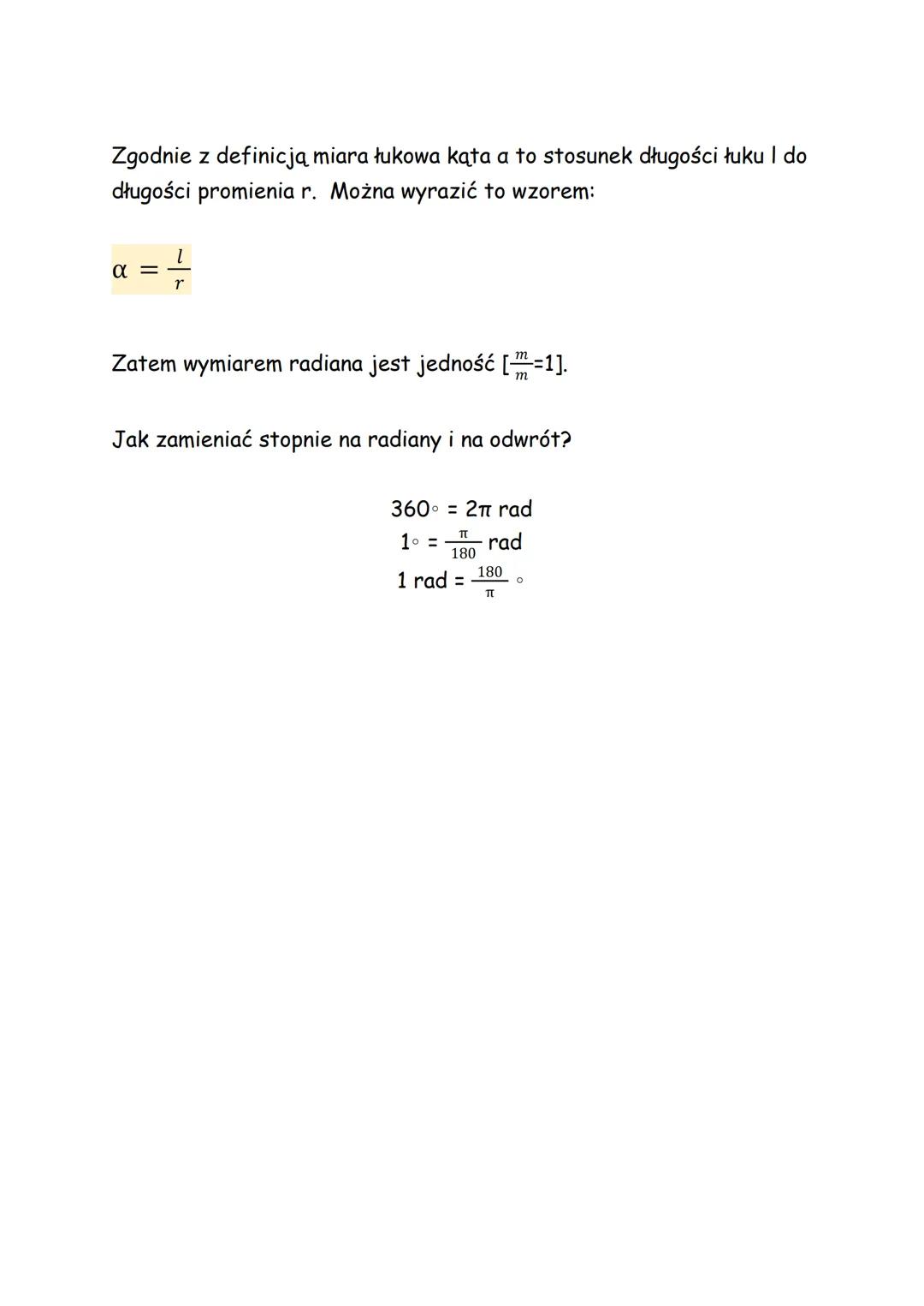 MIARA ŁUKOWA KĄTA
Kąty mierzymy w:
• stopniach (miara stopniowa kąta);
radianach (miara łukowa kąta).
Miarę stopniową (w stopniach) używa si