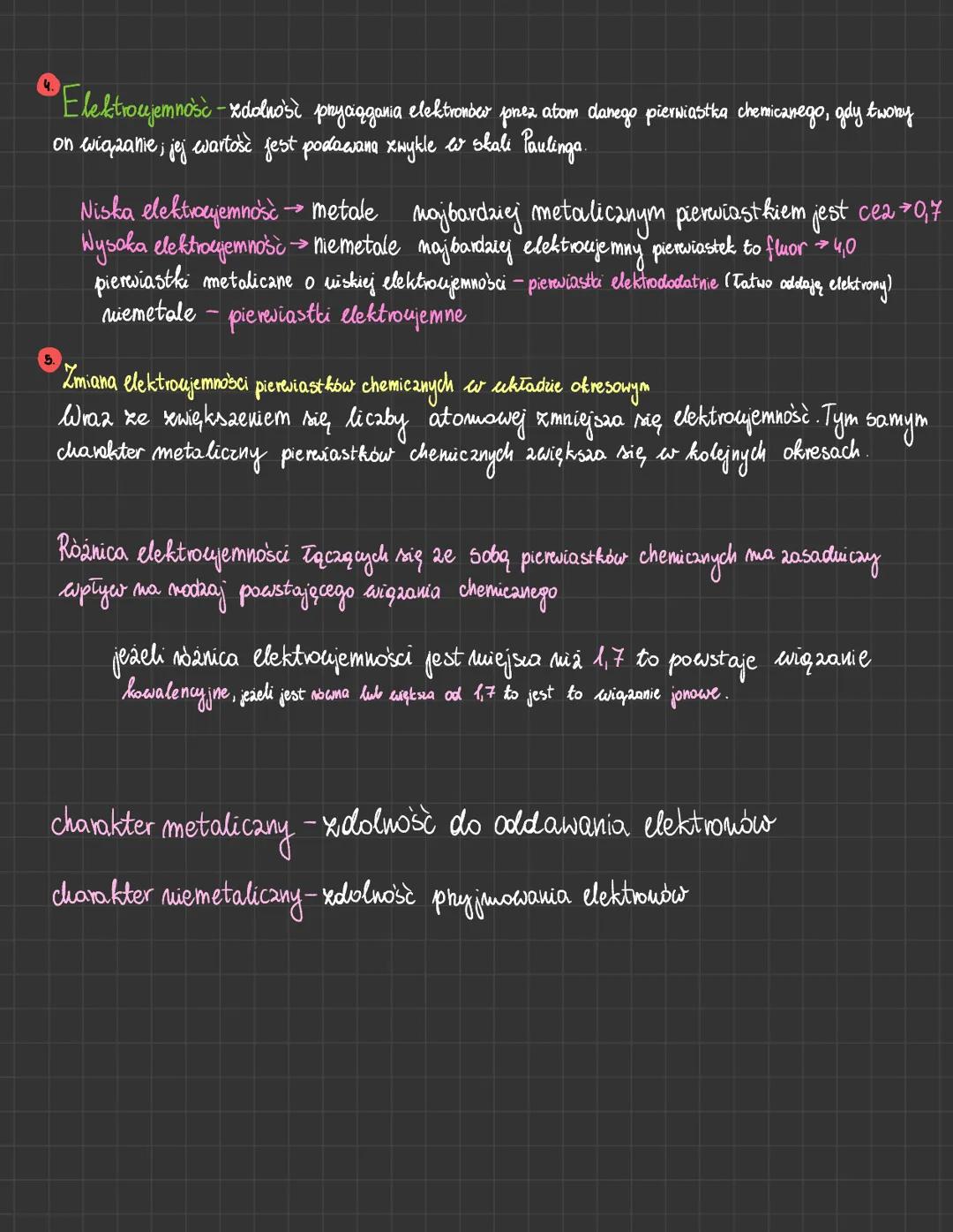 4.
Elektrojemność - zdolnost pryciągania elektronów prez atom danego pierwiastka chemicznego, gdy twony
on wiązanie, jej wartość jest podawa