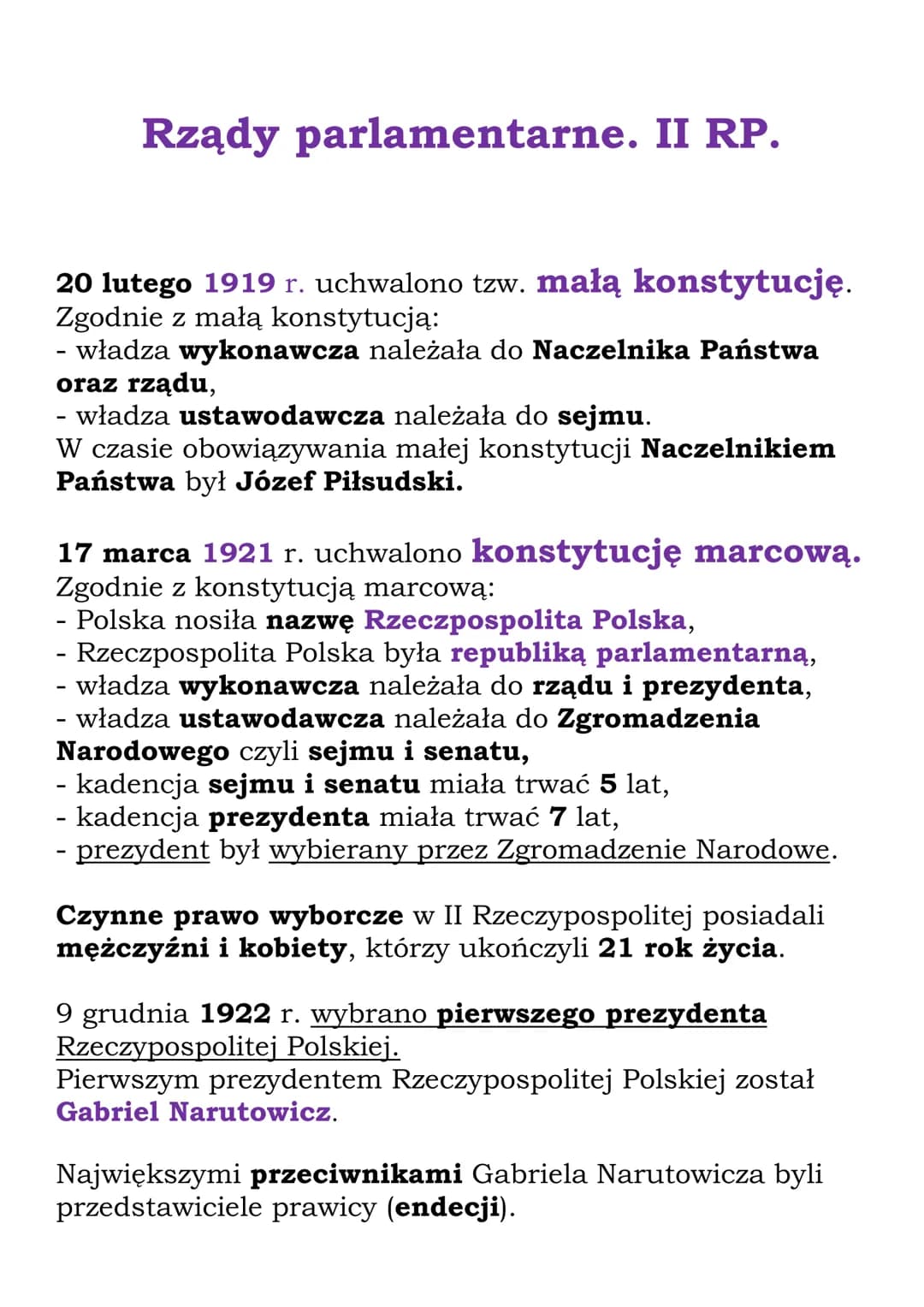 Rządy parlamentarne. II RP.
20 lutego 1919 r. uchwalono tzw. małą konstytucję.
Zgodnie z małą konstytucją:
władza wykonawcza należała do Nac