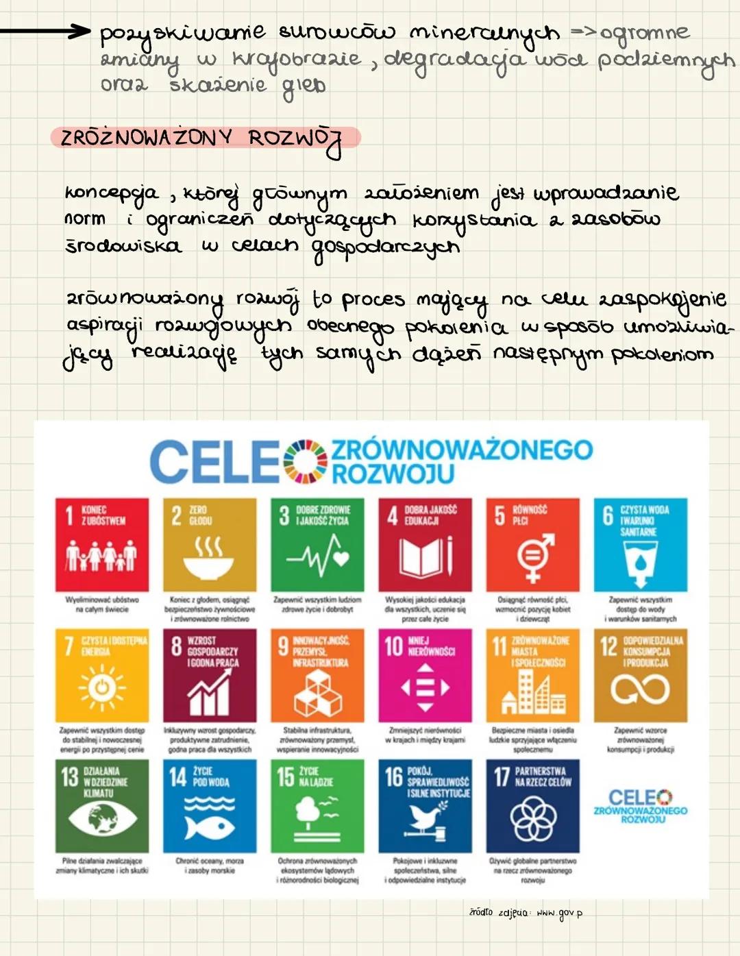 pozyskiwanie surowcow mineralnych =>ogromne
zmiany w krajobrazie, degradacja wod podziemnych
oraz skażenie gleb
ZRÓŻNOWAŻONY ROZWÓJ
koncepcj