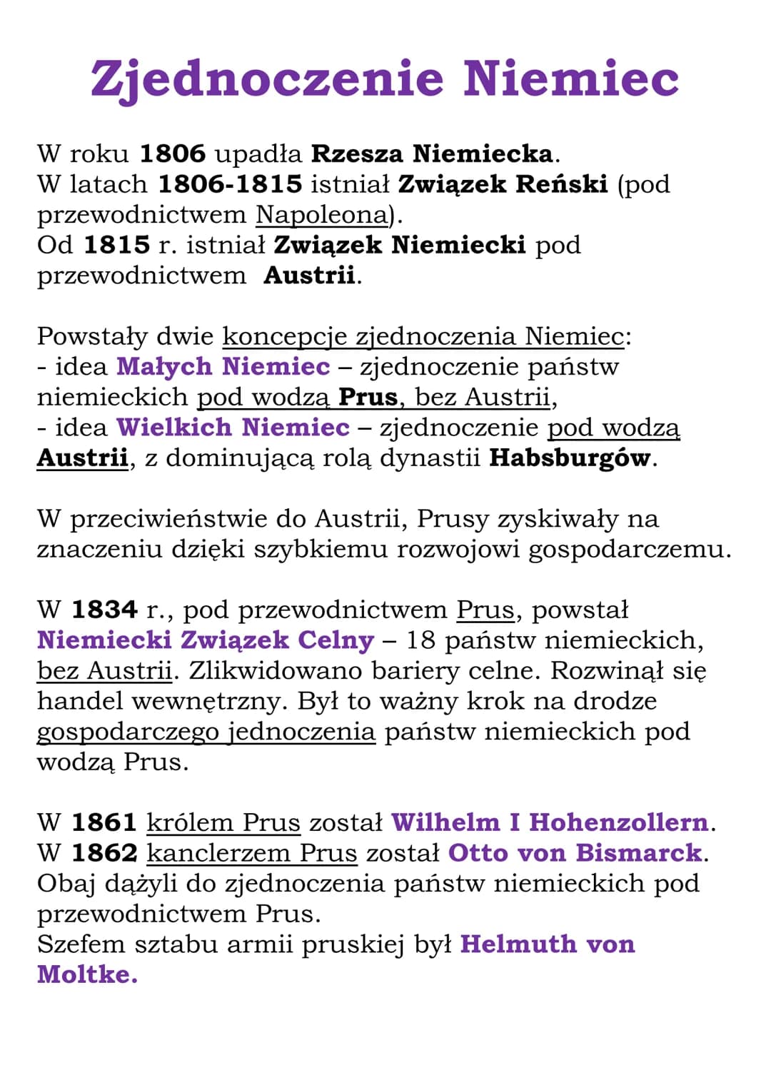 Zjednoczenie Niemiec
W roku 1806 upadła Rzesza Niemiecka.
W latach 1806-1815 istniał Związek Reński (pod
przewodnictwem Napoleona).
Od 1815 