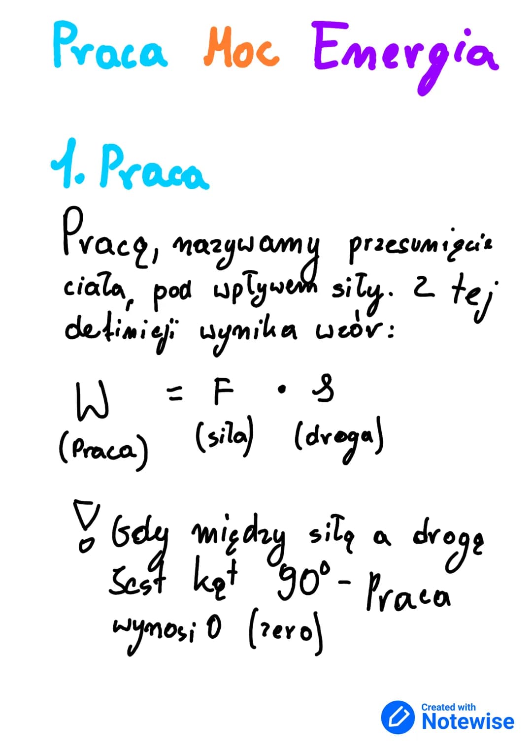 Praca Moc Energia
1. Praca
Pracę, nazywamy przesumiącie
ciała, pod wpływem siły. 2 tej
definieji wynika weór:
= F • S
W
(Praca) (sila) (dreg