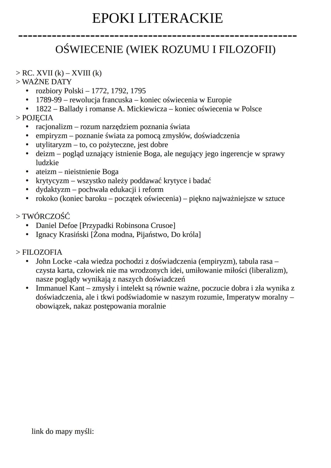 > RC. XVII (k) – XVIII (k)
> WAŻNE DATY
●
EPOKI LITERACKIE
OŚWIECENIE (WIEK ROZUMU I FILOZOFII)
rozbiory Polski - 1772, 1792, 1795
1789-99 -