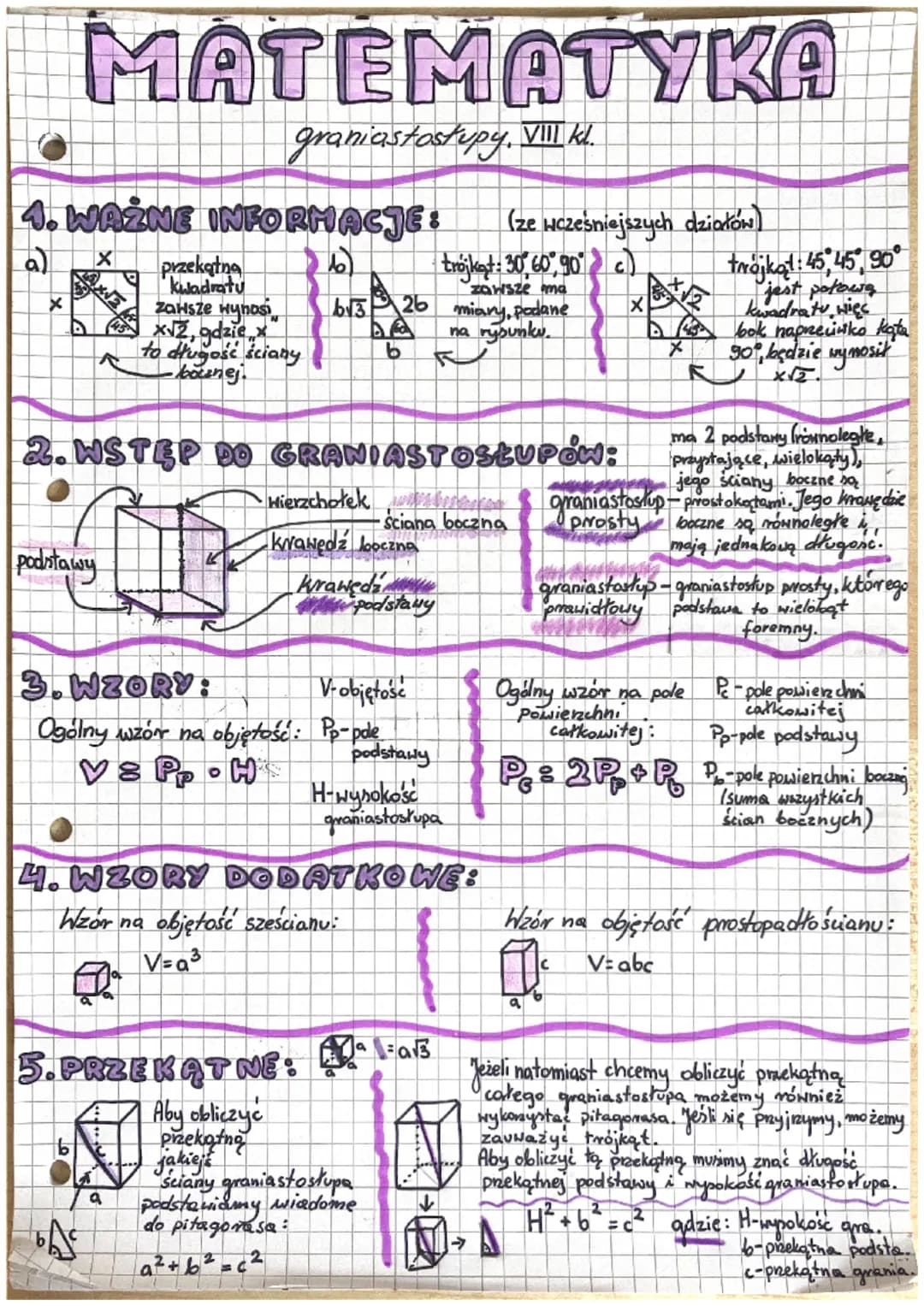 MATEMATYKA
graniastostupy. VIII kl.
4. WAŻNE INFORMACJE: (ze wcześniejszych działów)
a) X
b
trojket: 30 60 90
zawsze ma
bv3 26 miary, podane