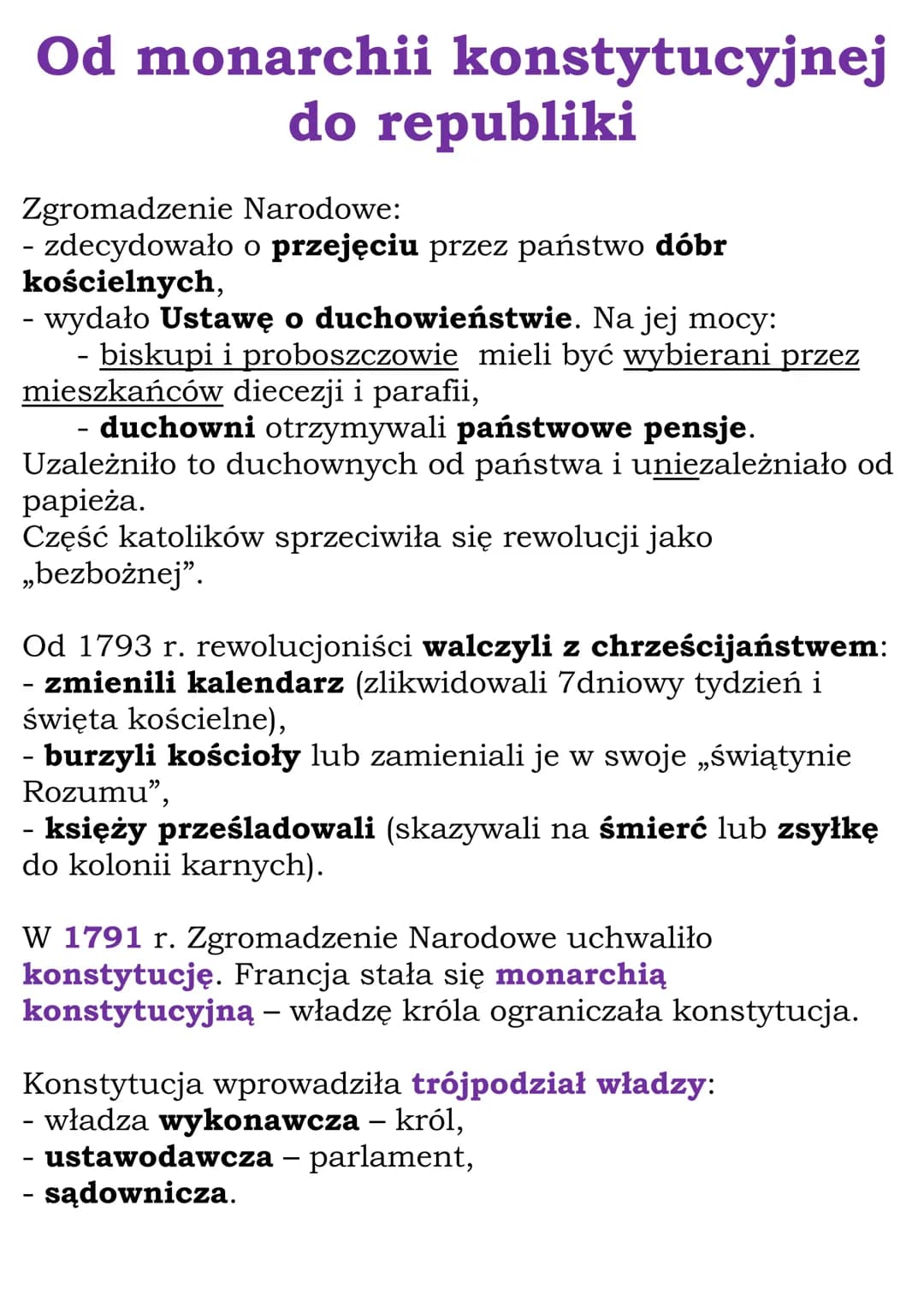 Od monarchii konstytucyjnej
do republiki
Zgromadzenie Narodowe:
- zdecydowało o przejęciu przez państwo dóbr
kościelnych,
- wydało Ustawę o 