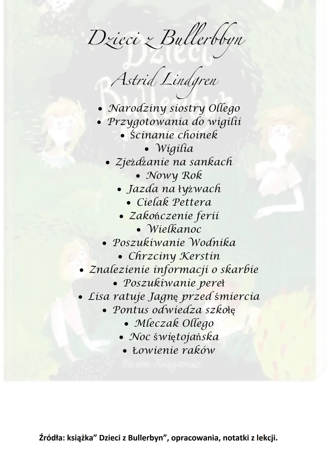 Dzieci z Bullerbbyn
Astria Lindgre
Astrid Lindgren

Bohaterowie:
Bullerbun

- Lisa. Ośmioletnia dziewczynka, narrator w
książce. Ma bujną wy