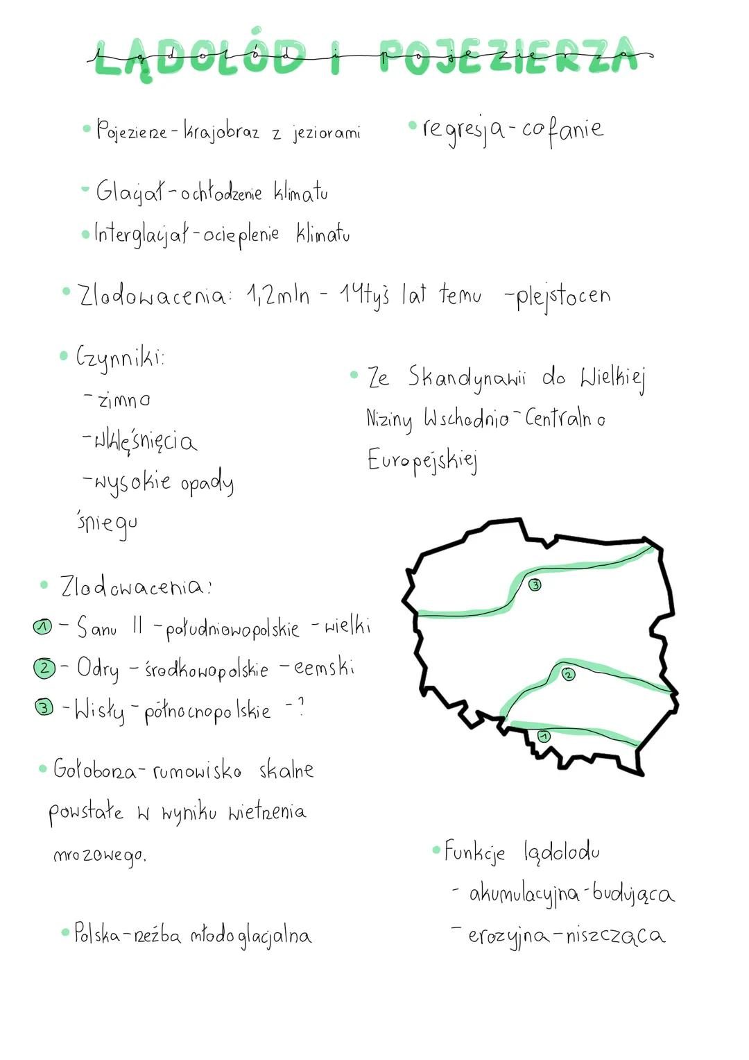 LĄDOLÓD I POJEZIERZA
• regresja-cofanie
●
●
Pojezierze - Krajobraz z jeziorami
- Glagat- ochłodzenie klimatu
• Interglacjał- ocieplenie klim