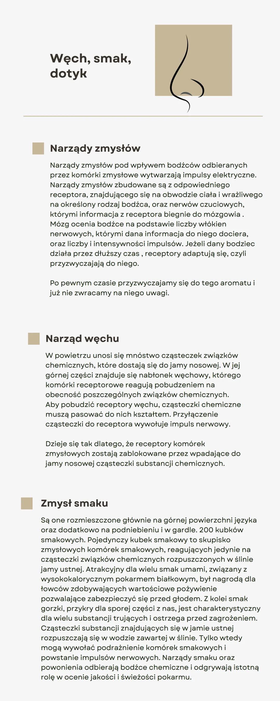 Węch, smak,
dotyk
Narządy zmysłów
Narządy zmysłów pod wpływem bodźców odbieranych
przez komórki zmysłowe wytwarzają impulsy elektryczne.
Nar