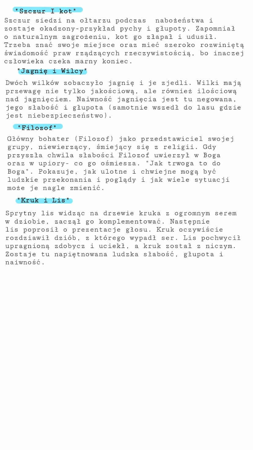 Ignacy Krasicki- bajki
- Celem każdej bajki jest przekazanie czytelnikowi
morału- pewnej uniwersalnej mądrości, pouczenia.
-Motywy: umoralni