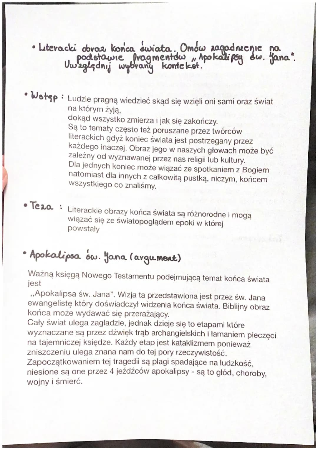 • Literacki obraz końca świata. Omów zagadnienie na
podstawie fragmentów „Apokalipsy ow. Jana".
Uwzględnij wybrany kontekst.
:
• Wstęp Ludzi