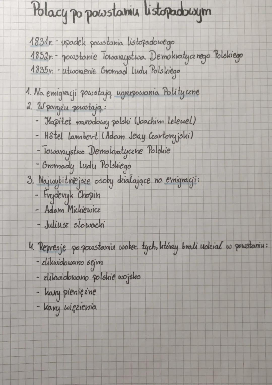 # Polacy po powstaniu listopadowym

1831r. - upadek powstania listopadowego
1832r.- powstanie Towarzystwa Demokratycznego Polskiego
1835r. -