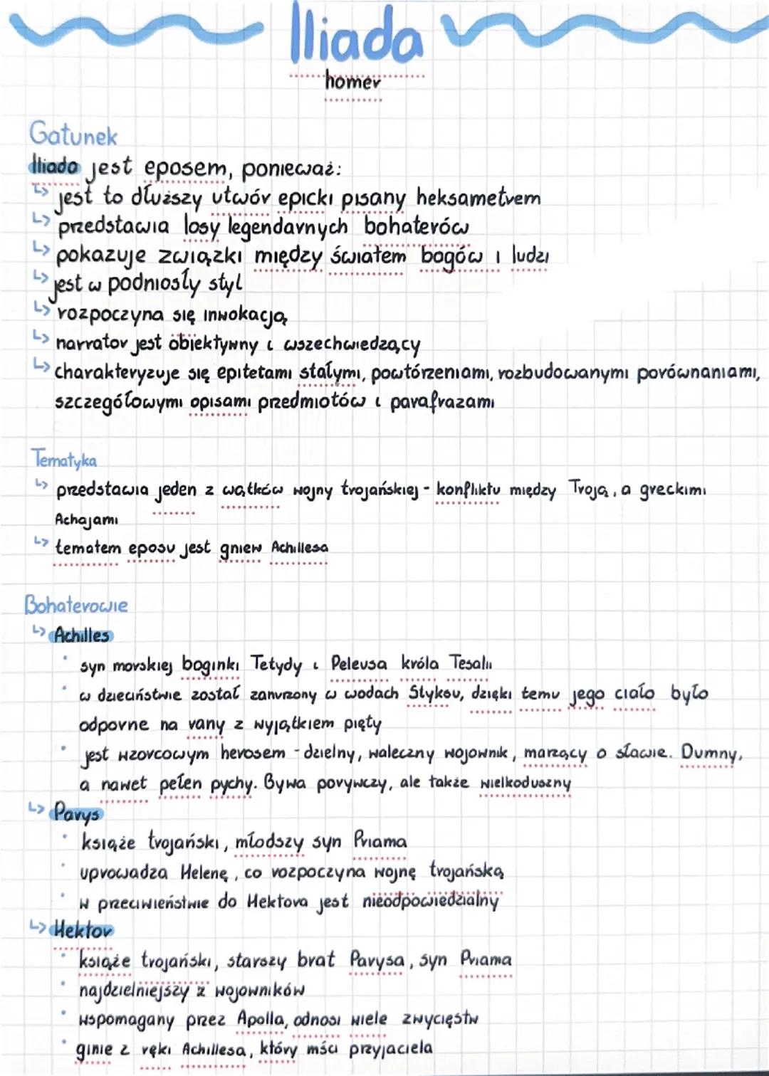 Iliada
homer
Gatunek
diada jest eposem, ponieważ:
jest to dłuższy utwór epicki pisany heksametvem
L> przedstawia losy legendarnych bohaterów
