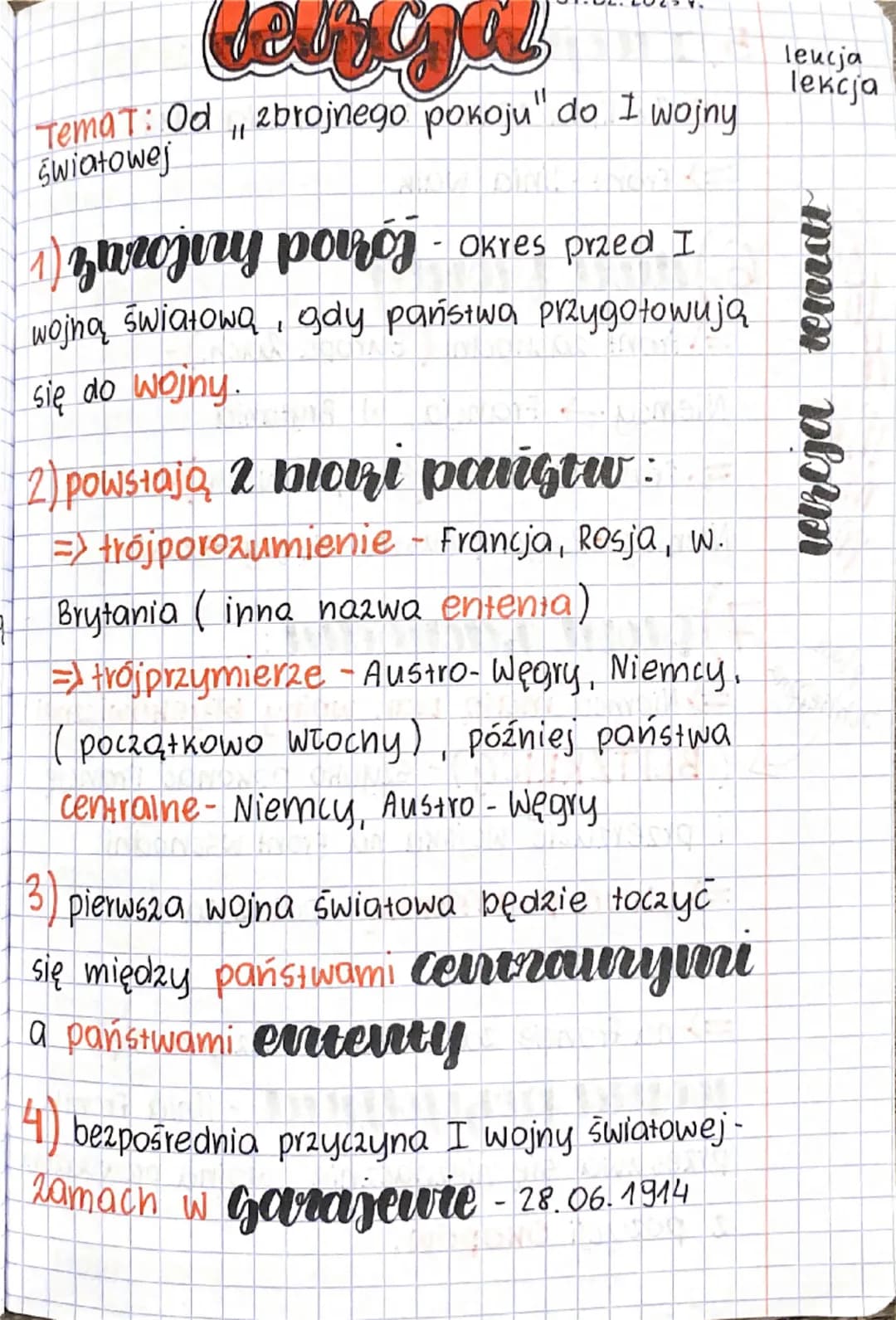 --- OCR Start ---
Temat: Od "zbrojnego pokoju" do I wojny
światowej
1) zbrojny pokój - okres przed I
wojną światową, gdy państwa przygotowuj