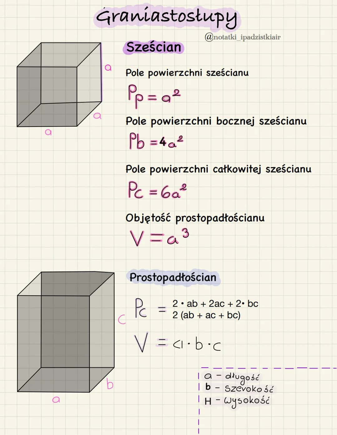 O
Graníastostupy
Sześcian
b
@notatki_ipadzistkiair
Pole powierzchni sześcianu
Pp=a²
Pole powierzchni bocznej sześcianu
Pb=4a²
Pole powierzch