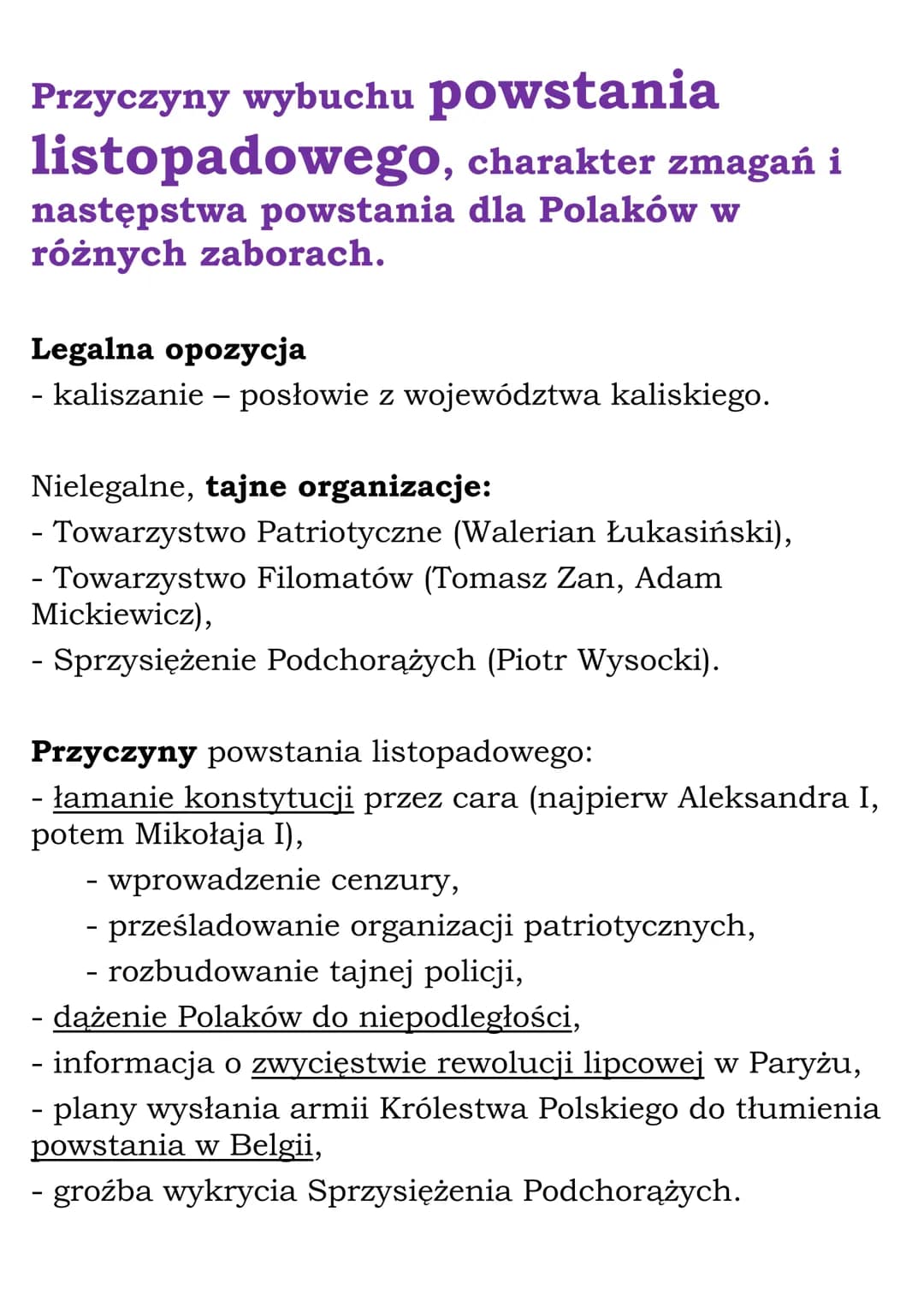 Przyczyny wybuchu powstania
listopadowego, charakter zmagań i
następstwa powstania dla Polaków w
różnych zaborach.
Legalna opozycja
- kalisz